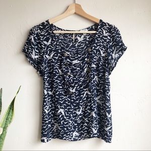 Anthropologie Odille Bird Print Sailor Detail Top
